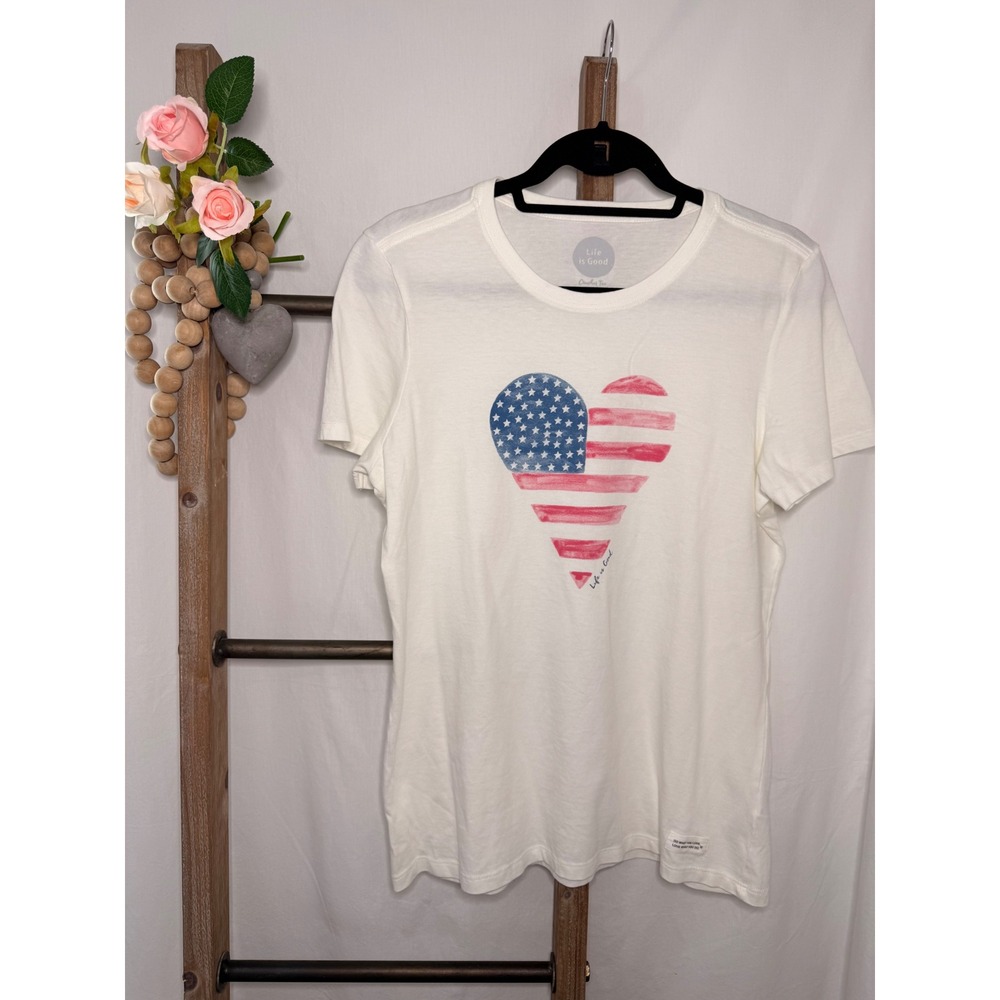 Life is Good Womens Crusher Tee White American Flag Heart Graphic T-Shirt Size M